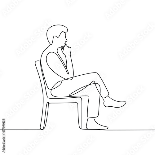 Man sitting and thinking on a chair in a simple line drawing style