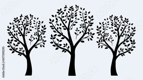 Three stylized trees with dense foliage in a monochrome silhouette against a light background