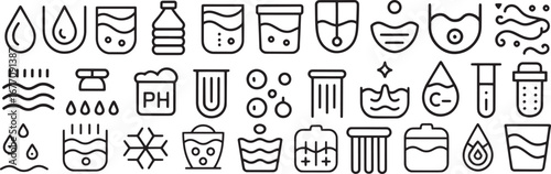 Water Treatment and Purity Line Icons: Hydration, Filtration, and pH Levels
