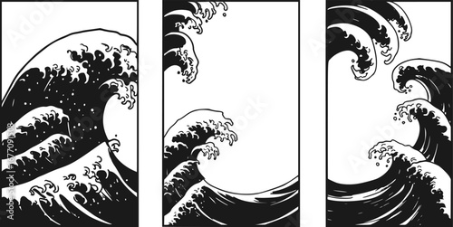 Waves, Japanese patterns, brush strokes, vectors, frames, Japanese backgrounds, summer, ink, line drawings, large waves, rough waves, running water
