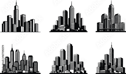 six modern black silhouette city skyline vector illustration, urban architecture design, tall skyscraper buildings, business downtown, metropolitan landscape, white background art