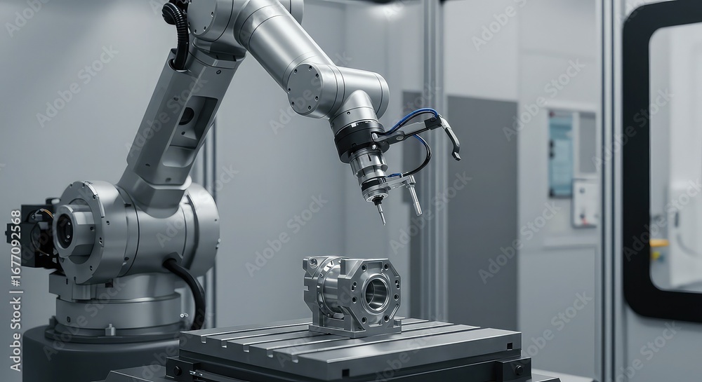 Precision robotic arm meticulously inspecting a complex metal component on a workbench in a high-tech manufacturing facility, showcasing advanced automation and quality control. Precision robotic arm meticulously inspecting a complex metal component on a workbench in a high-tech manufacturing facility, showcasing advanced automation and quality control.