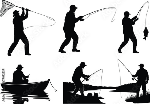 Fishing silhouette vector, man casting rod, boat fishing scene, dock angler moment, net fishing action, scenic shore illustration, tackle box detail
