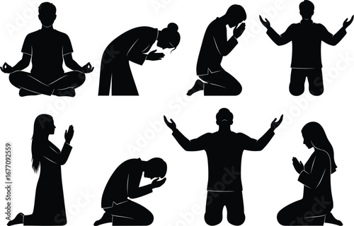 Spiritual meditation silhouette, prayer poses vector, religious devotion illustration, diverse worship positions, cultural spirituality artwork, kneeling, bowing, sitting, standing figures