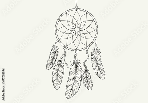 Hand Drawn Dreamcatcher with Feathers Native American Dreamcatcher.