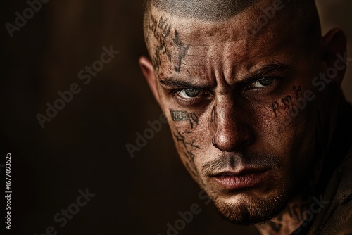 Tough man with prison facial tattoos