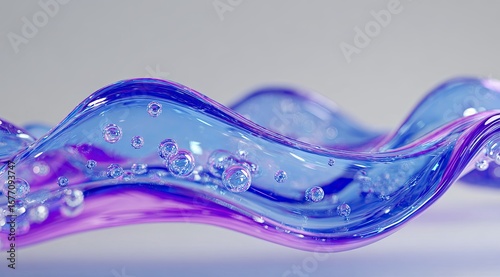Abstract, liquid waves of translucent, vibrant blue and purple. Small, spherical bubbles are dispersed within the fluid. Smooth, flowing curves create a sense of motion