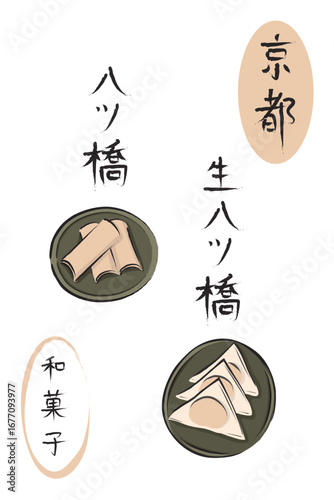 Hand drawn Yatsuhashi (half cylindrical shape) and Nama Yatsuhashi (triangle shape), Hand written Japanese words (read from the right to the left); Kyoto, Nama Yatsuhashi, Yatsuhashi, and Wagashi