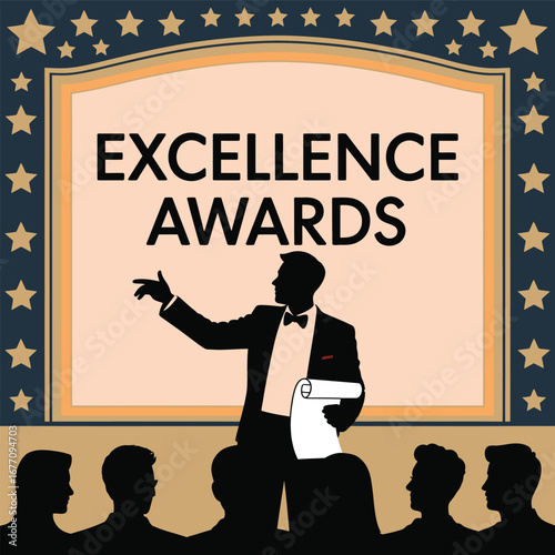 Silhouette of man in tuxedo presenting at podium with “EXCELLENCE AWARDS” sign and audience, symbolizing recognition and achievement