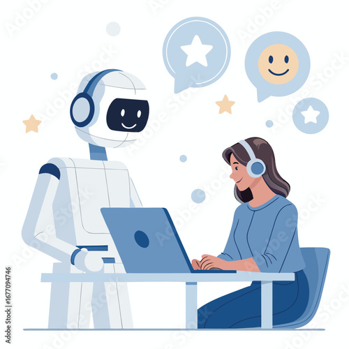 Vector art of a friendly robot and a woman are working together at a desk, providing customer service and support in a modern office setting