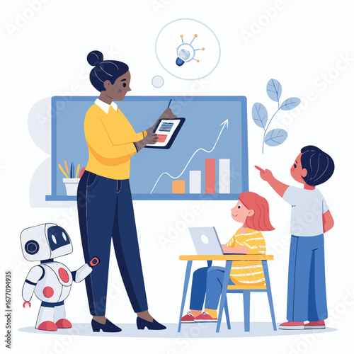 Vector art of a teacher is teaching students about robotics and artificial intelligence in the classroom
