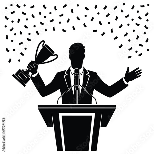 Black and white silhouette of person at podium holding trophy with falling confetti, symbolizing achievement, celebration, and public speaking