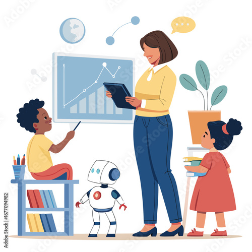 Vector art of a teacher is teaching students with a robot in the classroom the teacher is using a board to explain a graph