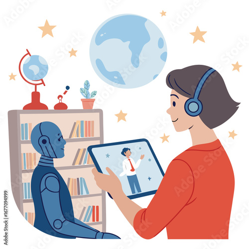 Vector art of a woman is having a video call with a teacher on a tablet with a robot the teacher is explaining something