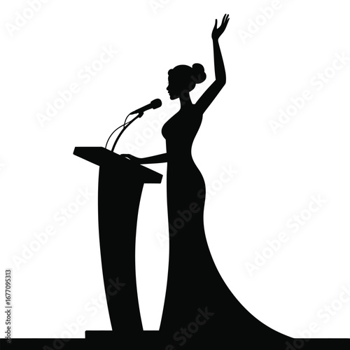 Black silhouette of woman in elegant dress speaking at podium with raised arm, symbolizing leadership, public speaking, and formal recognition