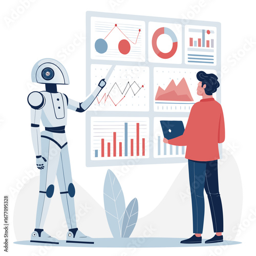 Vector art of a robot and a human are analyzing data on a screen, discussing charts and graphs, and working together to improve business performance