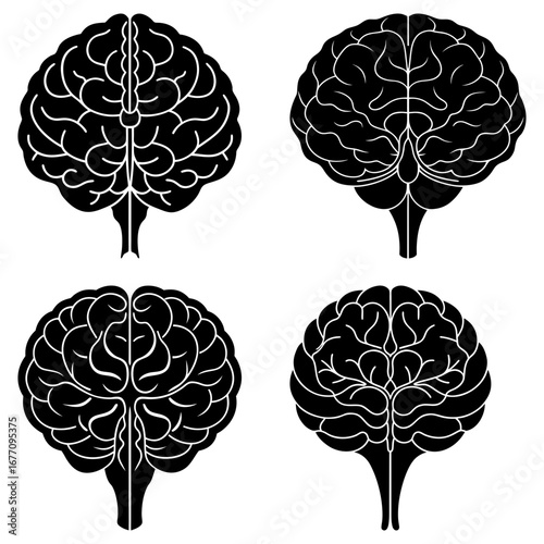 Four stylized human brains depicted in black and white anatomical representations of the organ