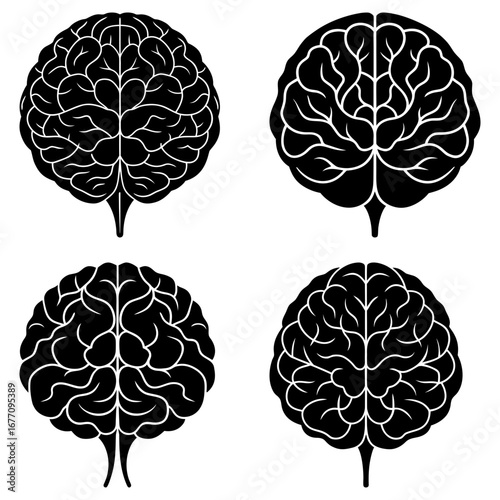 Four stylized brain illustrations in black and white showcasing cerebral anatomy and design elements