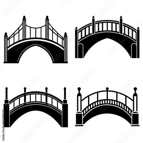 Four different bridge styles in black silhouette with varying arch and railing designs presented together