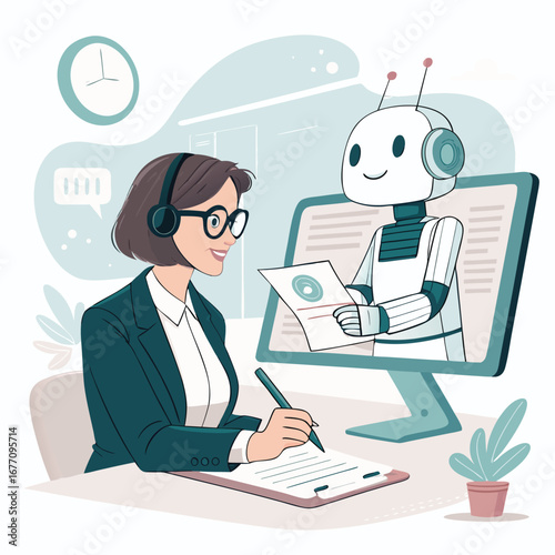 Vector art of a woman is working with a robot assistant, using a computer and pen to analyze data and communicate online