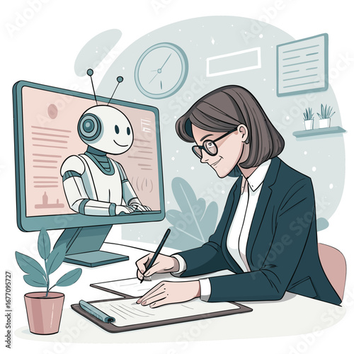 Vector art of a woman is working with a robot assistant, using a computer and pen to analyze data and communicate online