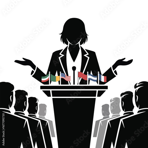 Black and white illustration of speaker at podium with international flags addressing audience, symbolizing diplomacy, unity, and global leadership