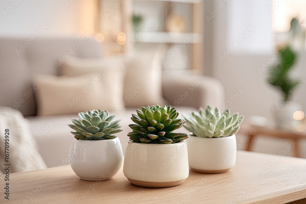 Fototapeta premium Three small succulent plants in white and cream pots on a light wooden coffee table in a living room. Blurred background of a beige sofa and shelves