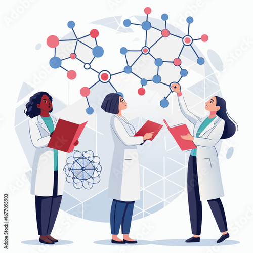 Vector art of three female scientists are collaborating on a molecular research project, working together to advance scientific knowledge