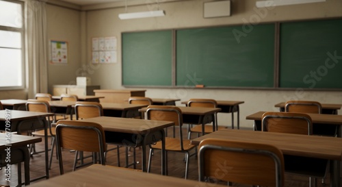 An empty classroom interior Wooden desks and chairs are arranged A green chalkboard dominates the wall Natural light enters through the window