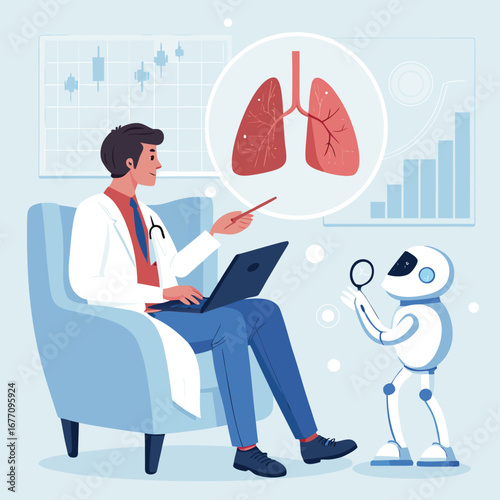 Vector art of a doctor and a robot are analyzing lungs with artificial intelligence, showcasing the future of medical diagnosis and treatment of respiratory diseases