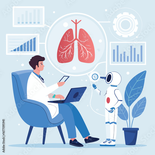 Vector art of a doctor and a robot are analyzing lungs with artificial intelligence, showcasing the future of medical diagnosis and treatment