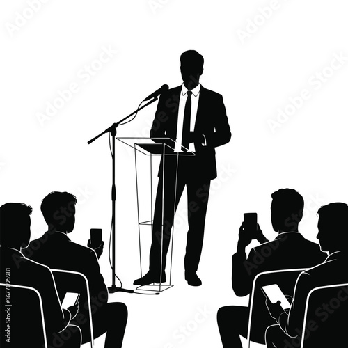 Silhouette illustration of speaker at podium addressing audience with smartphones, symbolizing public speaking, media, and digital engagement