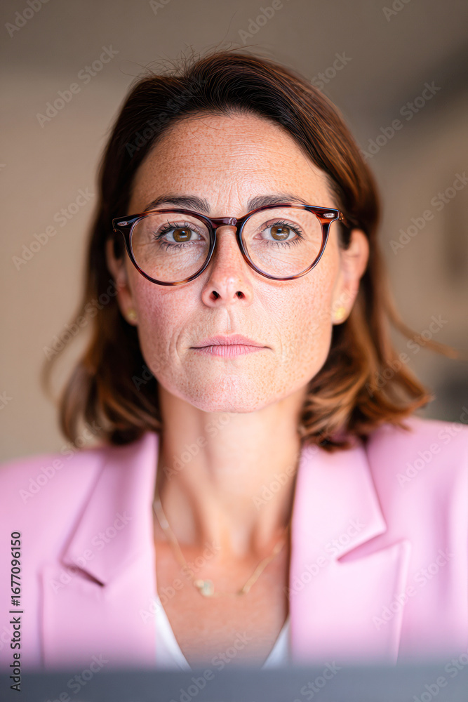 Fototapeta premium A focused woman in a pink blazer, wearing glasses, stares intently at the camera, conveying confidence and professionalism in a soft-lit environment.