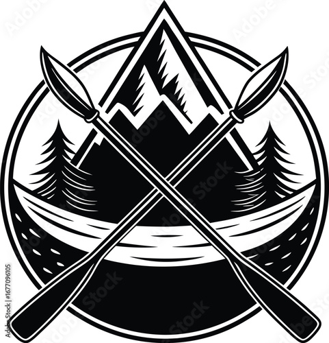 Vector art of a captivating black and white emblem showcasing a serene mountain landscape with crossed paddles, evoking a sense of adventure and outdoor exploration