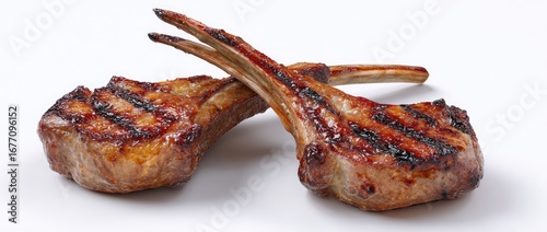 Two grilled lamb chops, glistening with a brown glaze, arranged on a white background