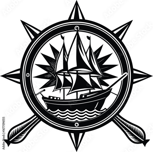 Vector art of a striking black and white emblem showcasing a sailing ship within a compass rose, representing exploration, navigation, and maritime history
