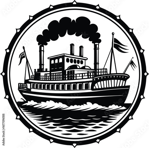 Vector art of a vintage steamboat illustration with ornate circular frame, , depicting a historical riverboat with steam and paddle wheel in a retro style