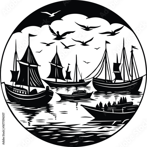 Vector art of a vintage nautical illustration of sailboats sailing on the sea under a flock of seagulls, creating a serene seascape with a retro aesthetic