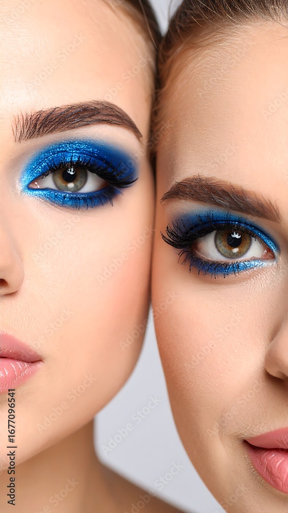 Fototapeta premium Close-up of two women with dramatic blue eye makeup