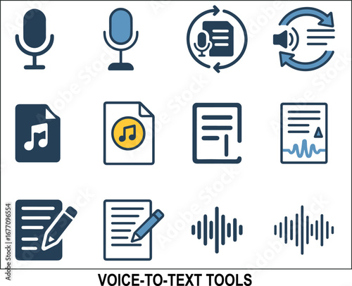 Voice-to-Text Tool Icon Set – Vector Illustrations of Microphones, Audio Conversion, Document Editing, Waveforms, and Speech Recognition for Accessibility and Transcription Projects