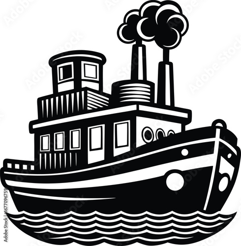 Illustration of a classic tugboat with smoke stacks, a vintage maritime vessel for river and sea transportation, representing nautical history and industrial power