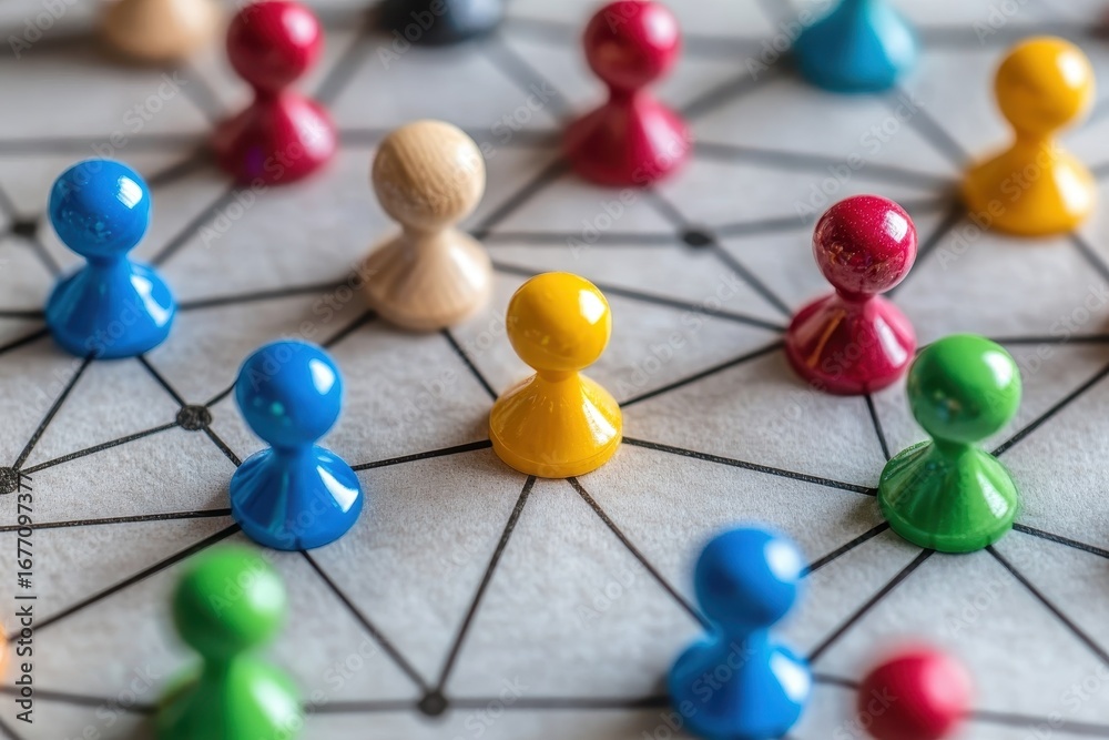 Obraz premium Global business networking framework connections represented by colorful figurines on a grid