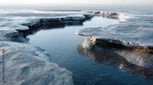 Wallpaper Mural Frozen icy formations create a tranquil scene of a frozen waterway, showcasing intricate textures and reflections on the placid water. Torontodigital.ca
