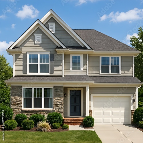 Residential Haven: A meticulously crafted modern house, embodying suburban tranquility, features elegant design and lush landscaping, conveying the essence of comfort and the promise of a serene life.