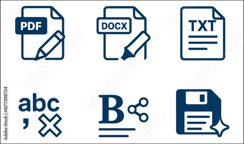 Flat Icons Set for Document and Text Editing – PDF, DOCX, TXT, Spell Check, Formatting, Save Function