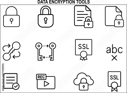 Flat Icon Set for Data Encryption Tools – SSL Certificate, Secure Cloud, Cryptographic Key, Encrypted Files, Digital Privacy Symbols