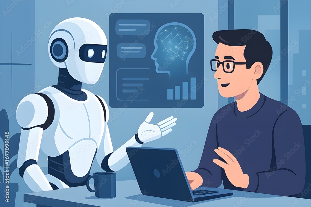 Digital Dialogue: In a modern setting, a bespectacled individual engages in a thoughtful conversation with an intelligent robot, representing the evolving dynamics of technology and human interaction.