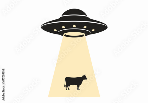 Alien spaceship abducting a cow with tractor beam sci-fi concept art