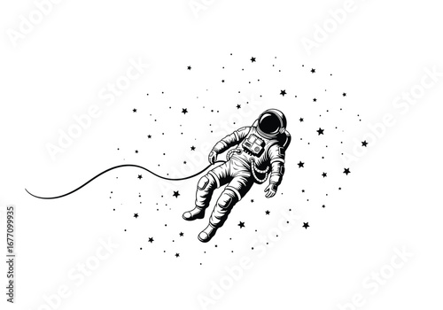 Astronaut floating in space surrounded by stars and nebulae artistic outline design