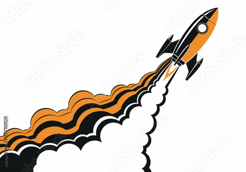 Dynamic rocket launch with fiery orange and black exhaust trail ascending skyward
